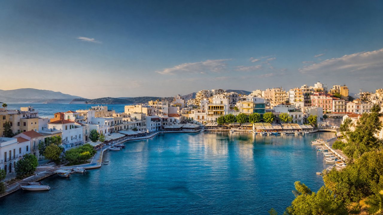 Agios Nikolaos harbour and waterfront in Crete
