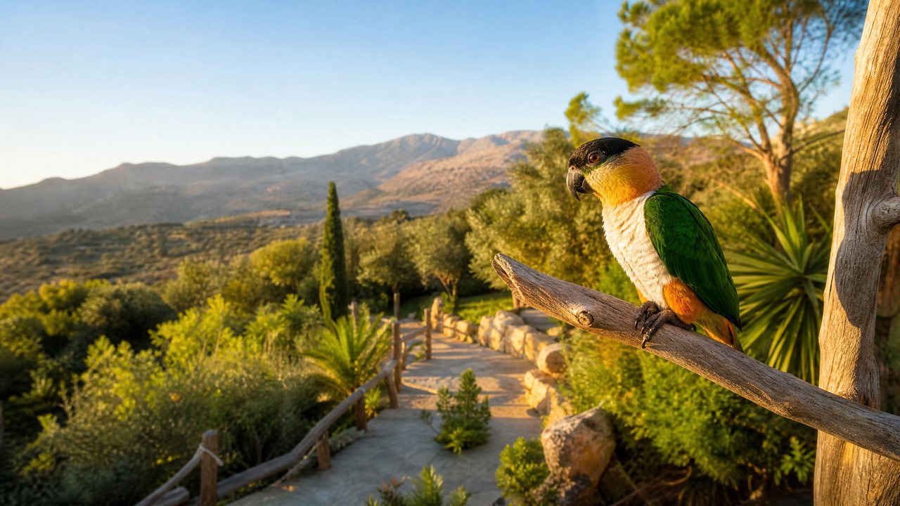 Parrot and Cretan countryside at Amazonas Park