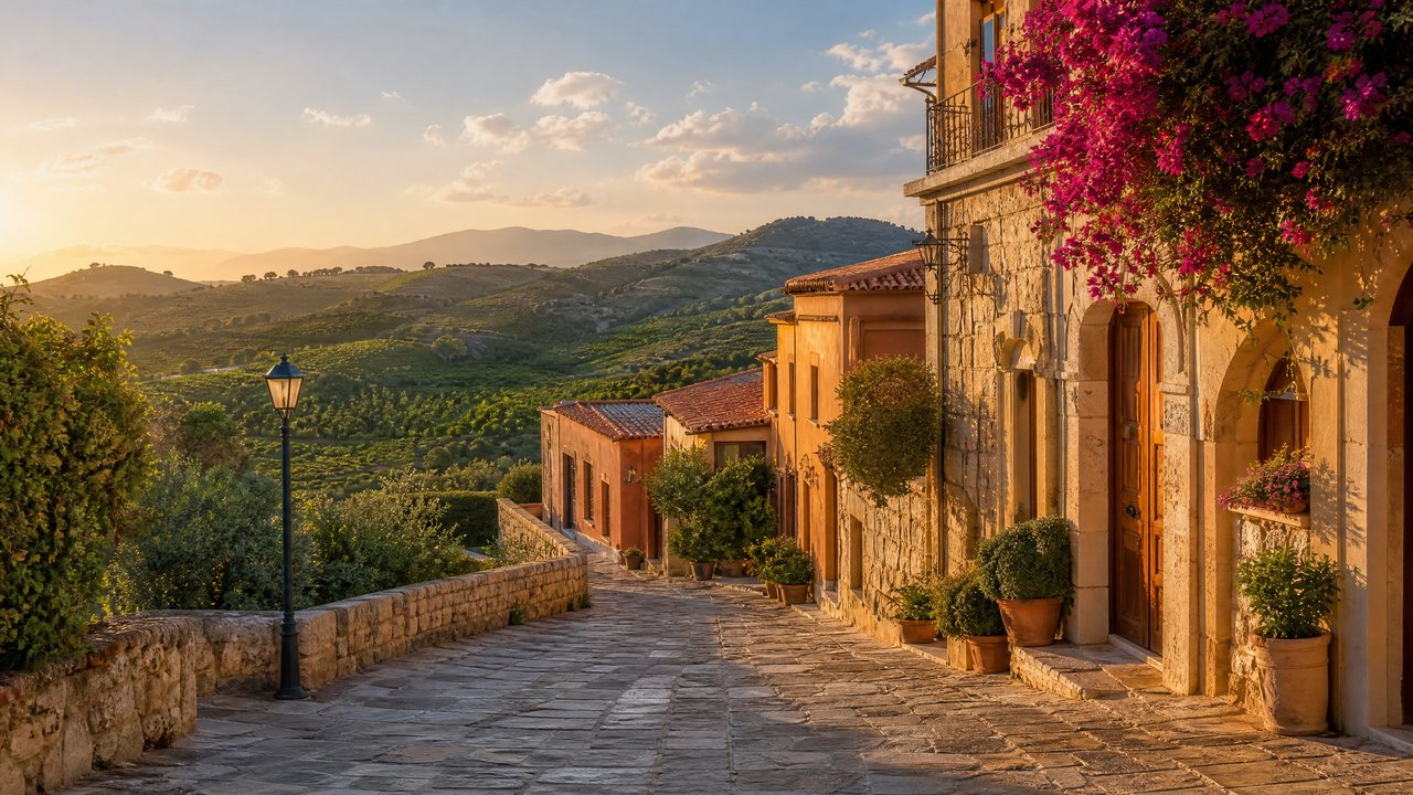 Stone lane and flowering houses in Archanes, Crete